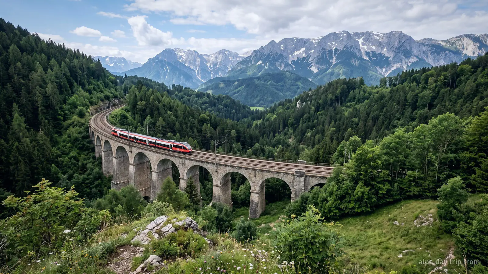 A stone railway viaduct curving across a forested alpine valley in eastern Austria