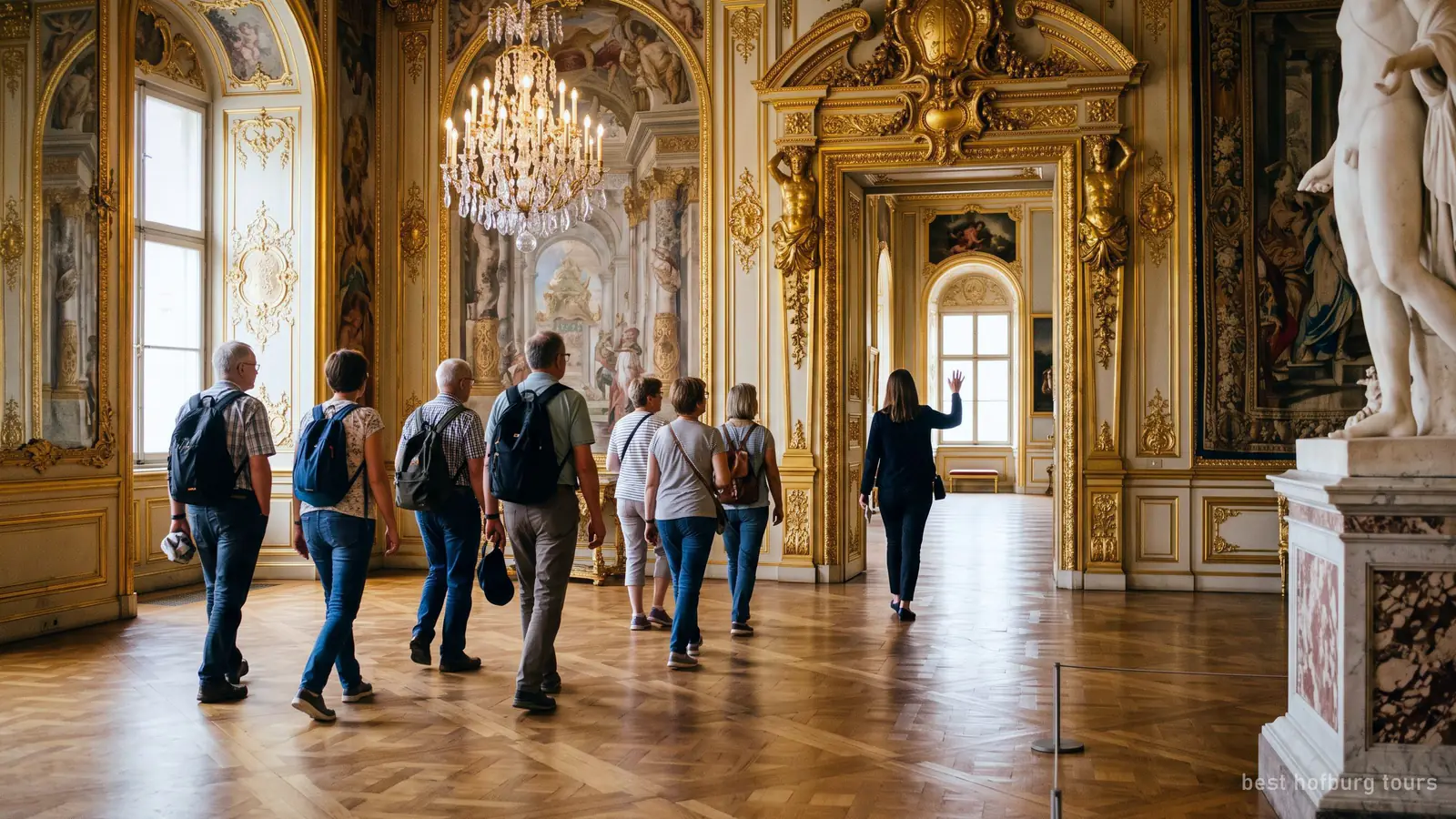 Visitors following a guide through a gilded state room in the Hofburg, Vienna