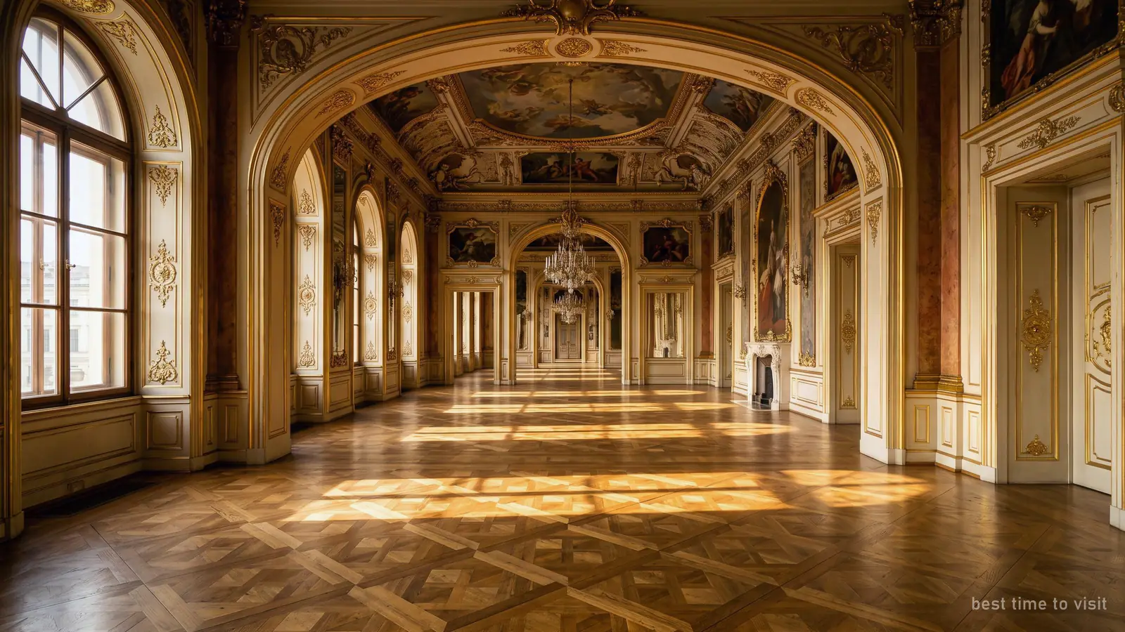 An enfilade of empty baroque state rooms with low sun across the parquet floor