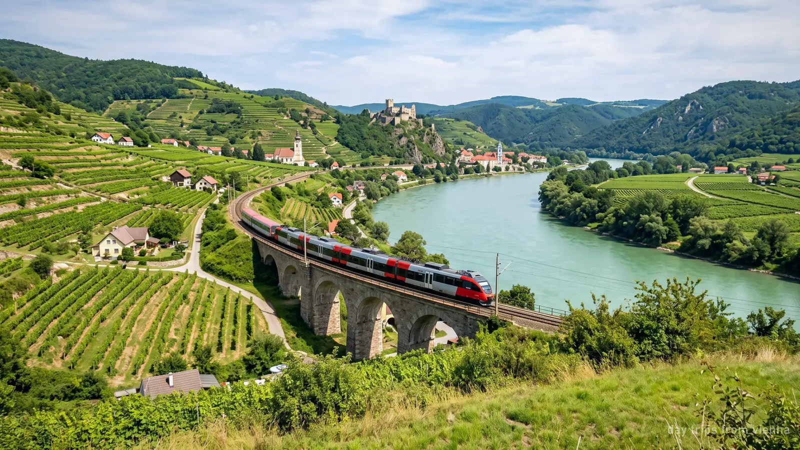 Ein Regionalzug fährt durch ein Weinbautal in Niederösterreich