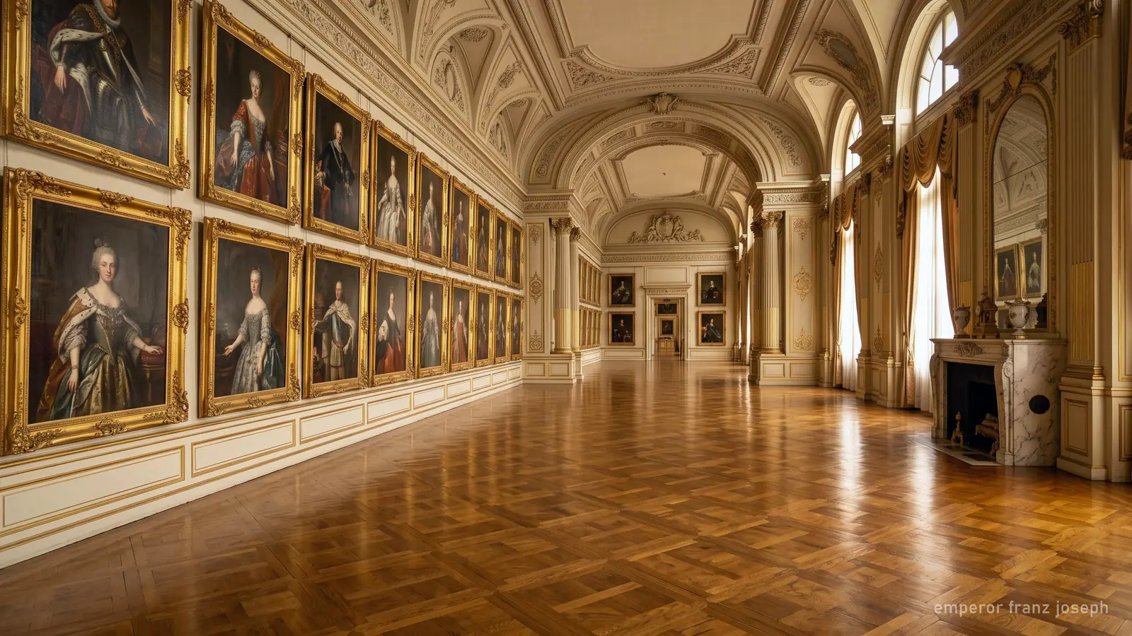 Une galerie de grands portraits dynastiques aux cadres dorés au-dessus d'un parquet
