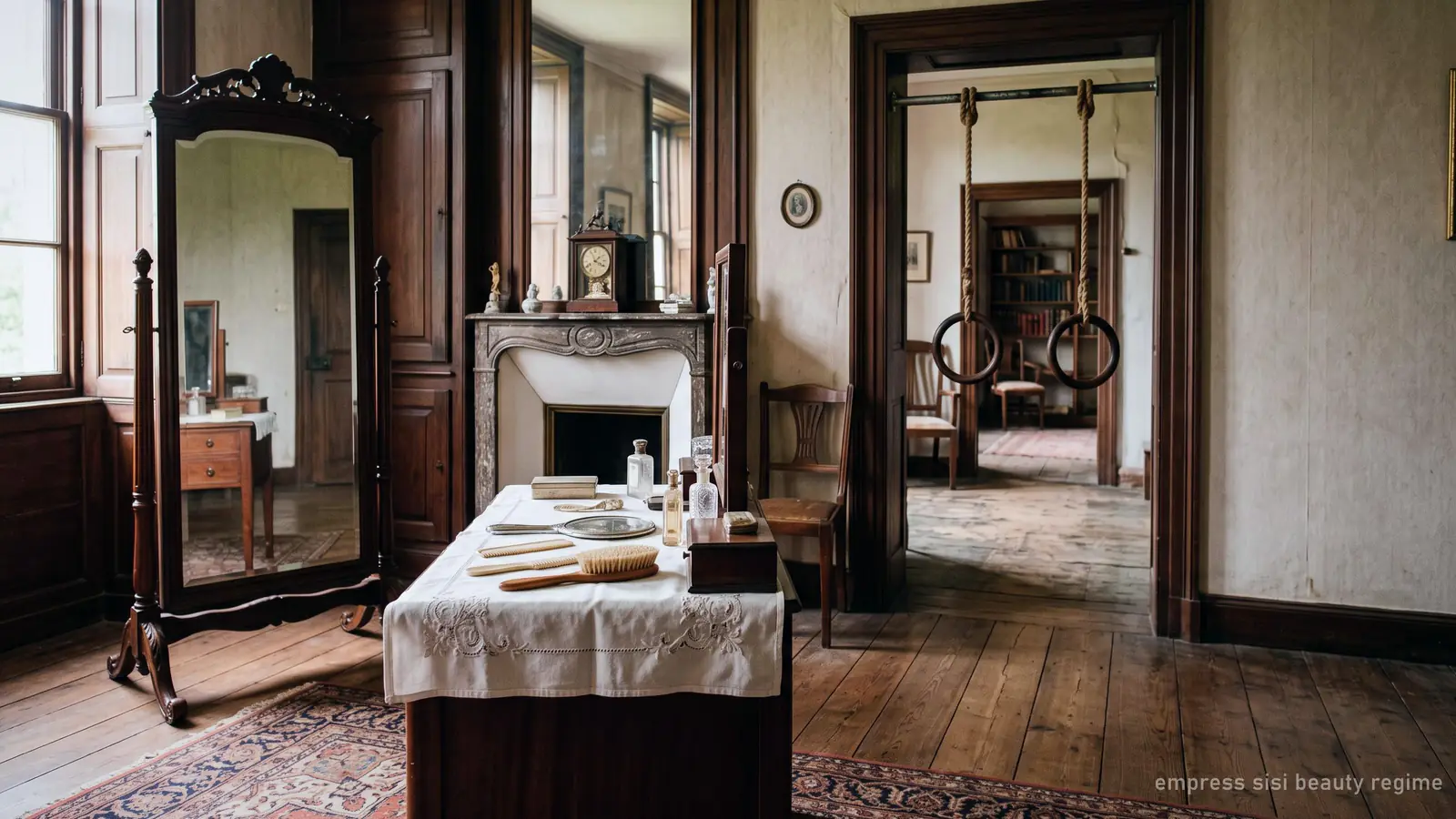 Un cabinet de toilette du XIXe siècle avec un grand miroir en pied et des brosses à cheveux posées sur du linge
