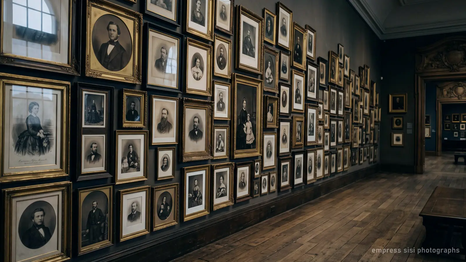 Un mur de portraits photographiques et de gravures du XIXe siècle encadrés, dans une galerie peu éclairée