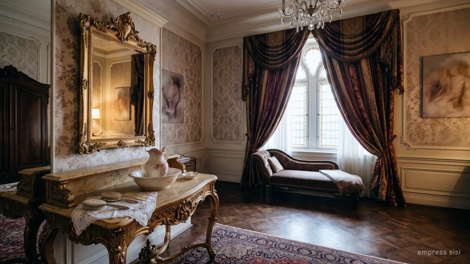 Un boudoir viennois du XIXe siècle avec un miroir doré et un nécessaire à brosses sur une table de toilette en marbre