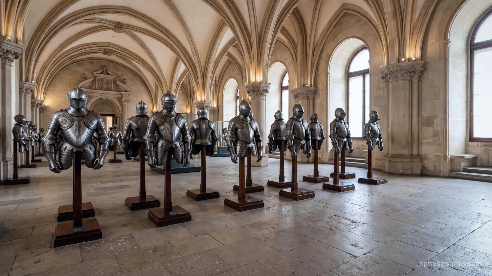 Ein Museumssaal in der Neuen Burg in Wien unter einer hohen gewölbten Decke