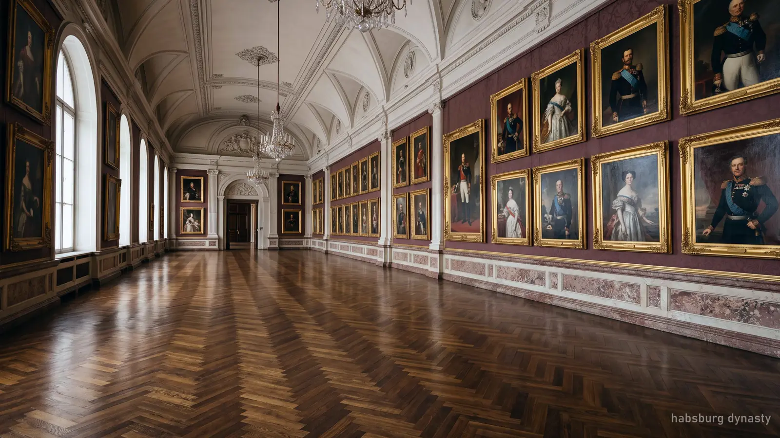 Une galerie de grands portraits dynastiques aux cadres dorés au-dessus d'un parquet