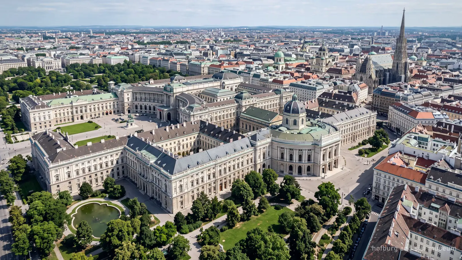 An aerial view of the Hofburg palace complex in Vienna, showing its wings and courtyards