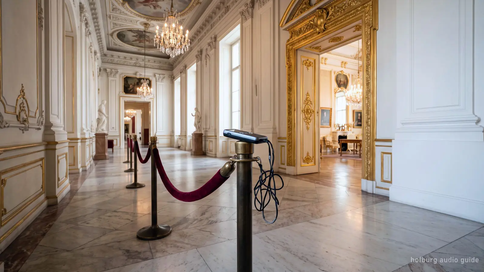 An audio-guide handset resting on a rope post in a palace museum corridor