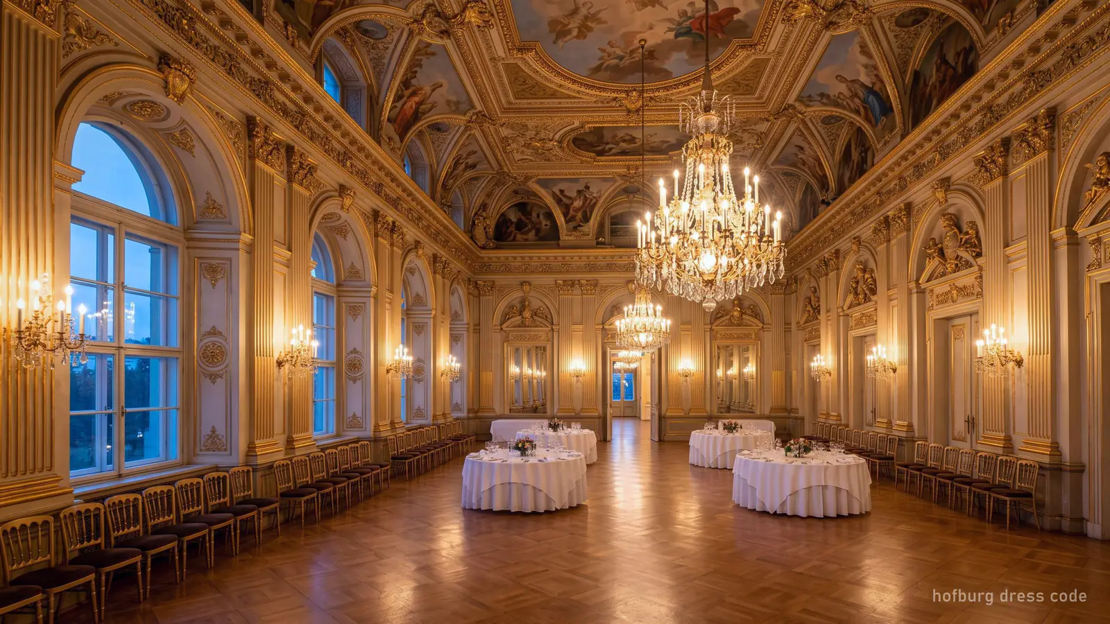 A gilded baroque ballroom in a Viennese palace set for an evening event