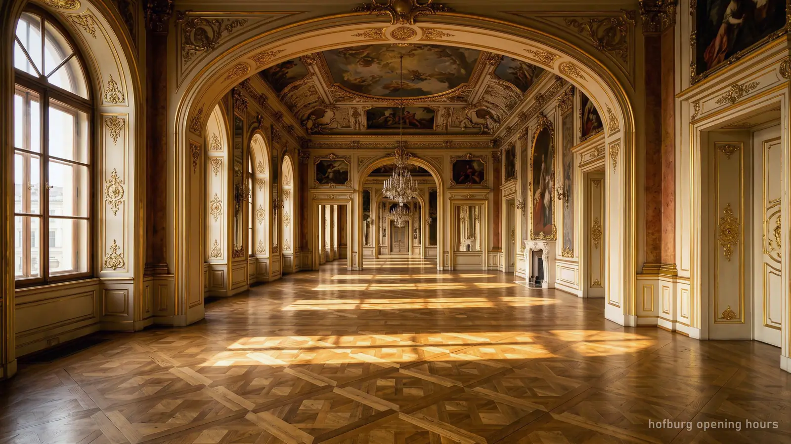 An enfilade of empty baroque state rooms with low sun across the parquet floor