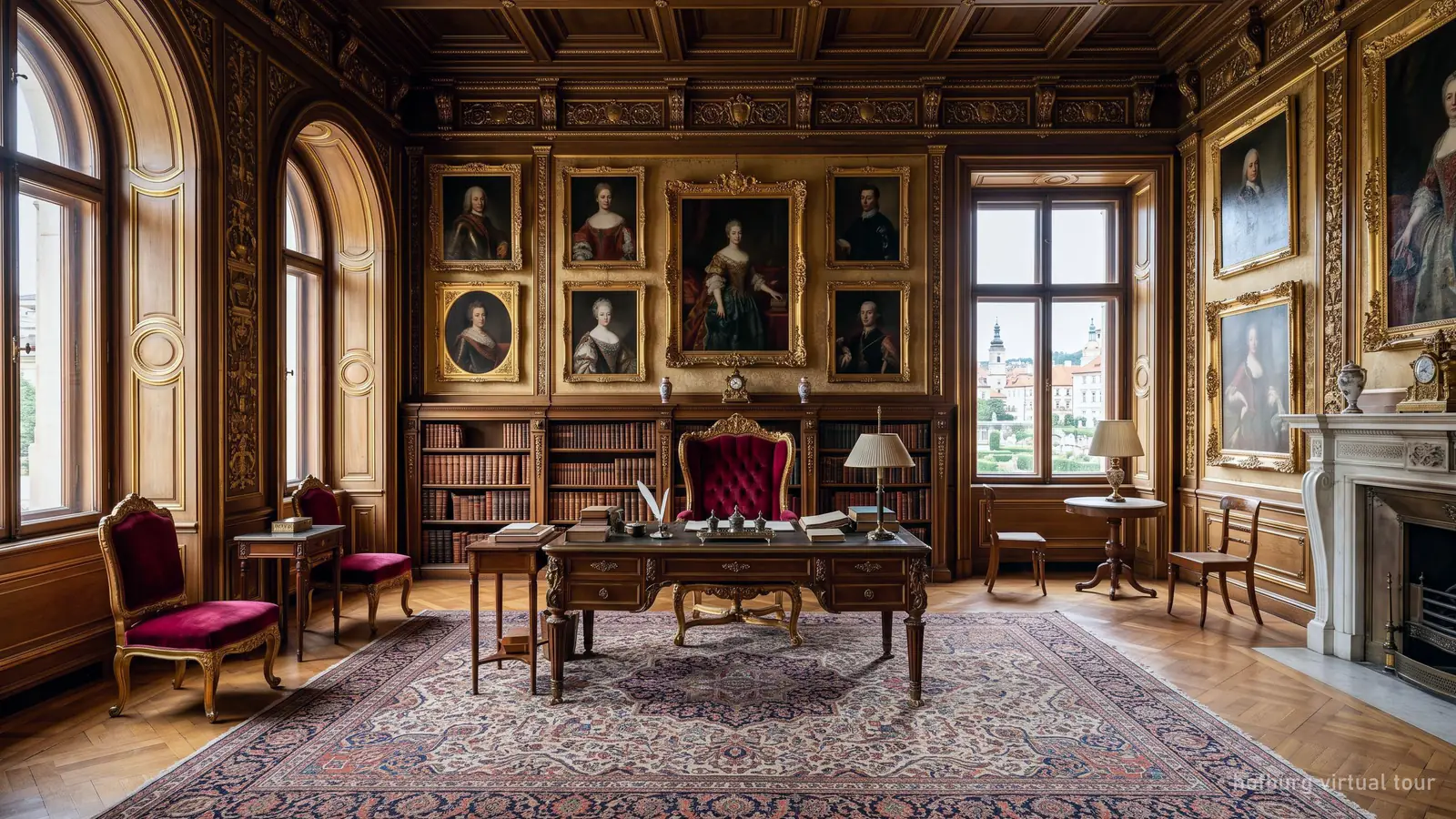An ornate imperial study with a writing desk, upholstered chairs and portraits