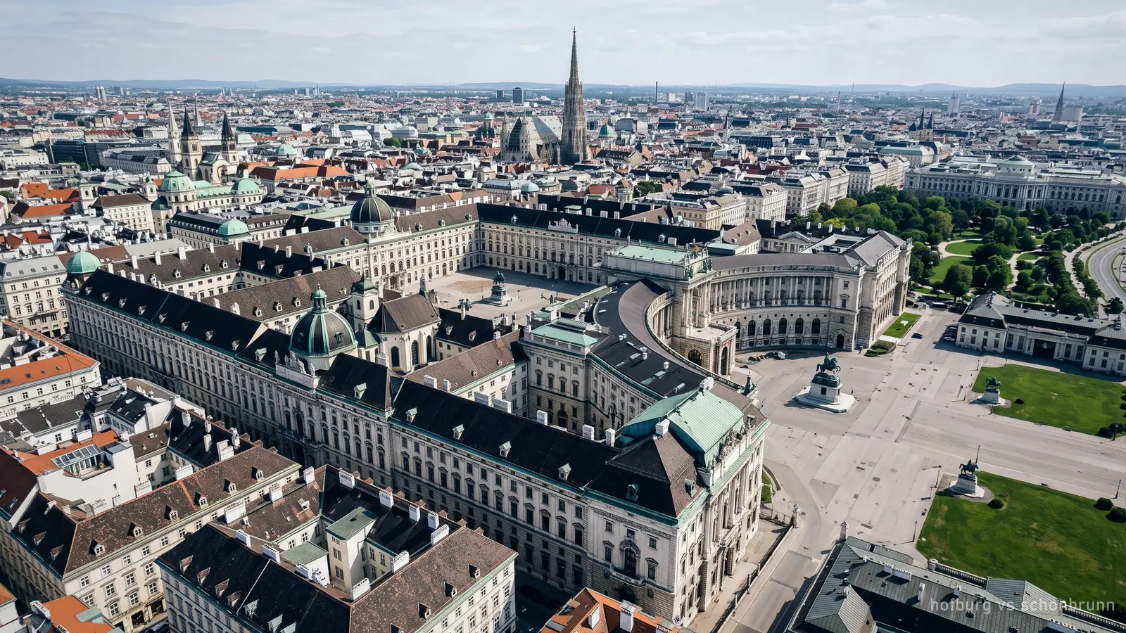 An aerial view of the Hofburg palace complex in Vienna, showing its wings and courtyards