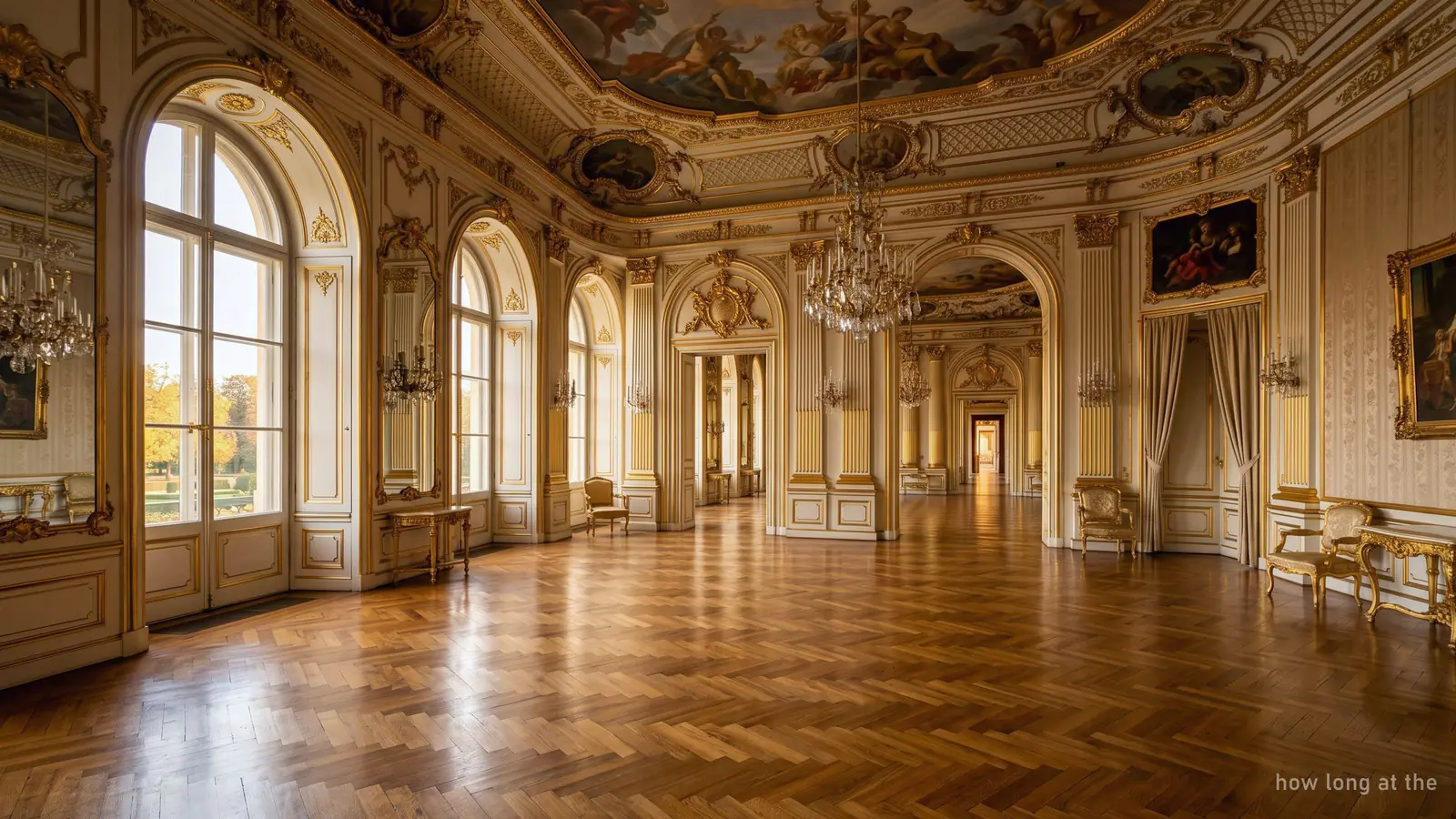 An enfilade of empty baroque state rooms with low sun across the parquet floor