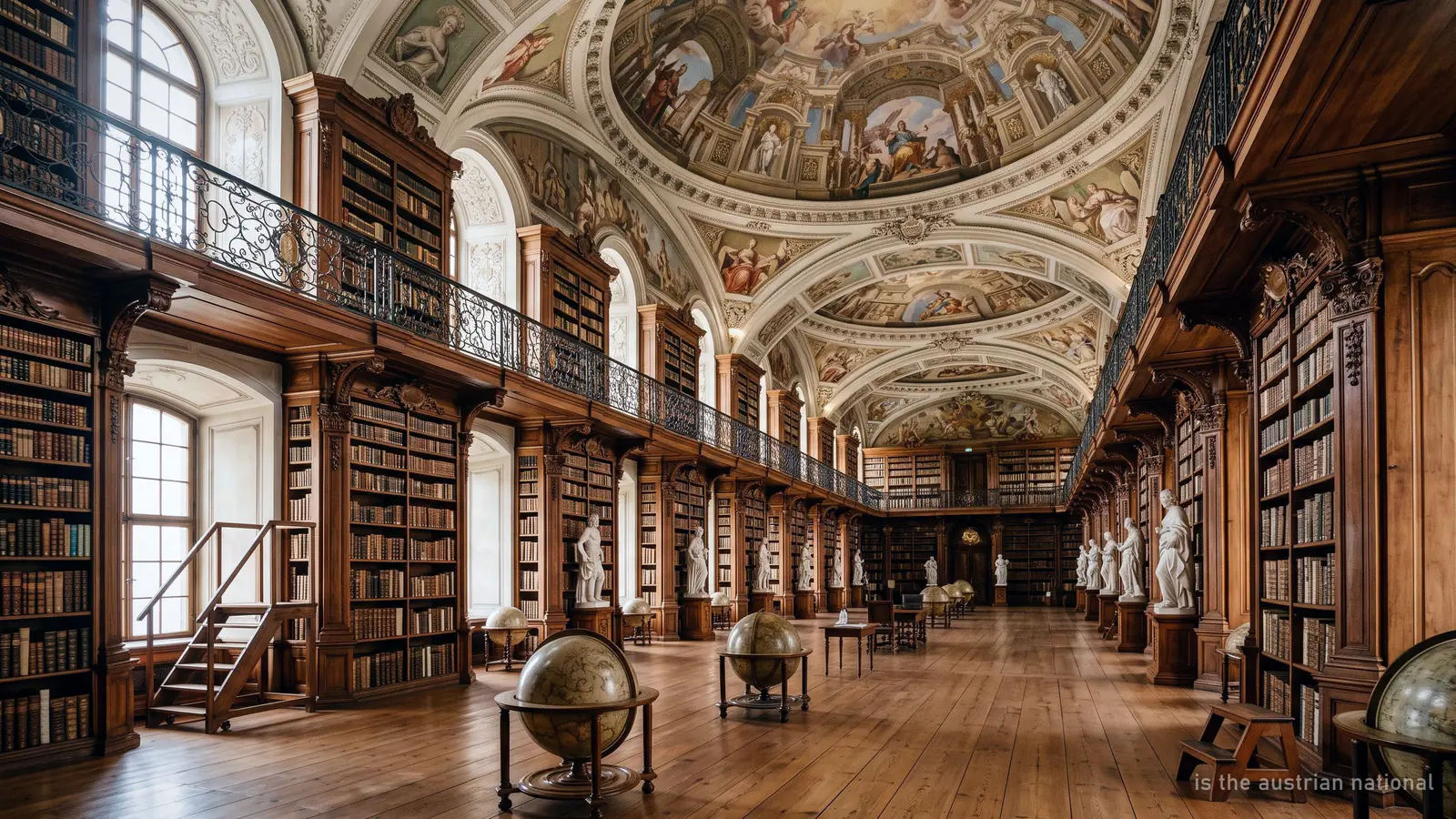 The baroque State Hall of the Austrian National Library, with two storeys of bookcases and a frescoed dome