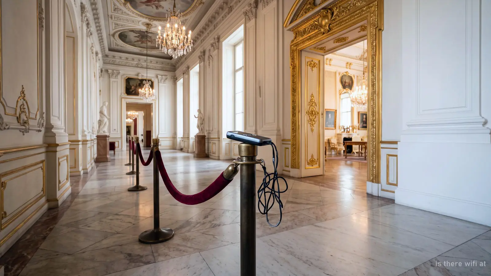 An audio-guide handset resting on a rope post in a palace museum corridor