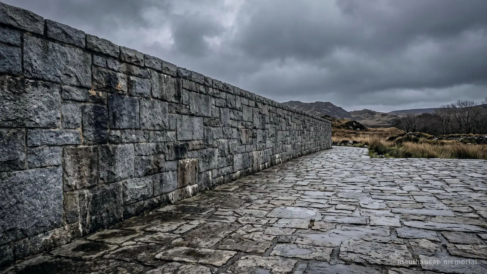 Un sencillo muro de granito y un suelo de piedra vacío en un lugar de memoria bajo un cielo nublado