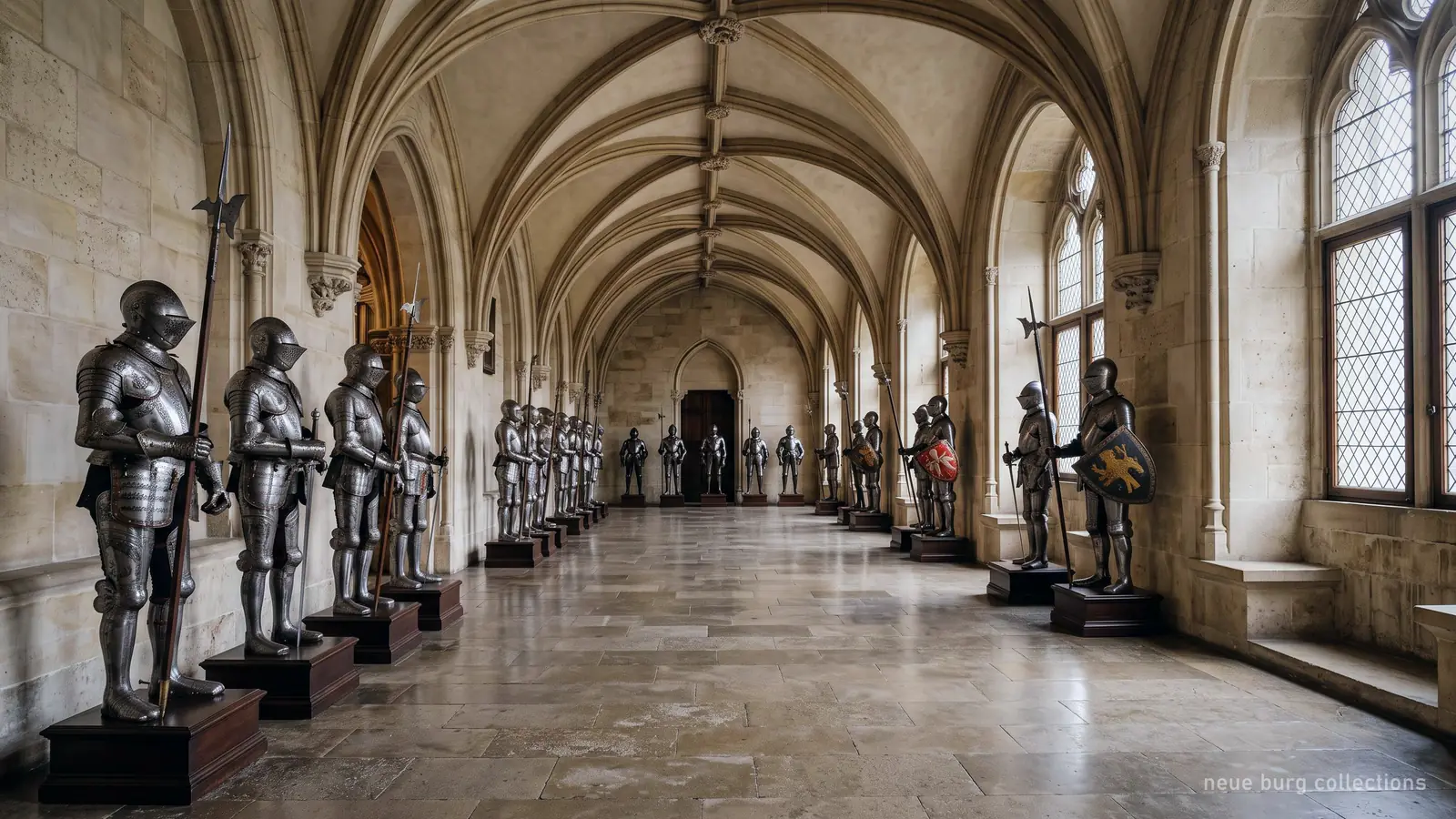 Renaissance-Plattenrüstungen auf Ständern in einem gewölbten Museumssaal der Neuen Burg in Wien