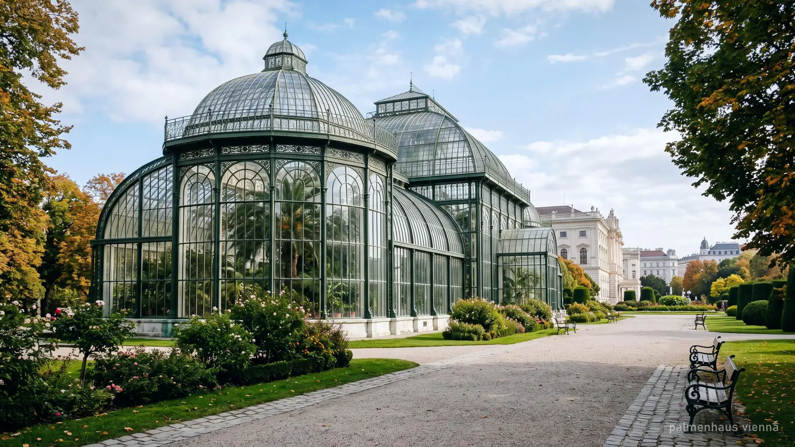 Palmehuset i jugendstil af glas og jern i kanten af Burggarten i Wien
