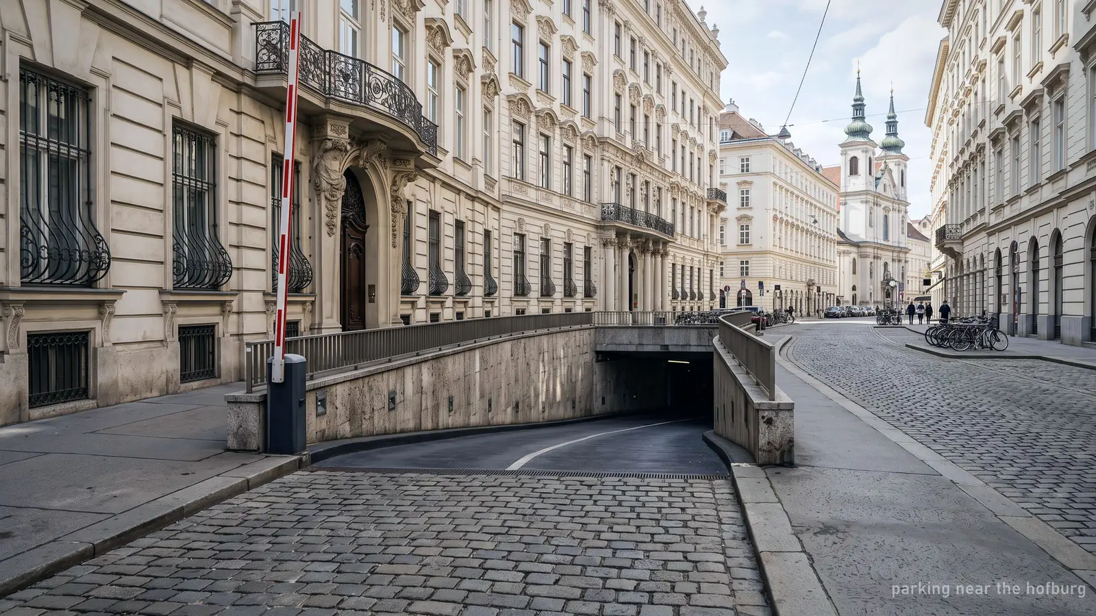The entrance ramp of an underground car park on a historic Viennese street