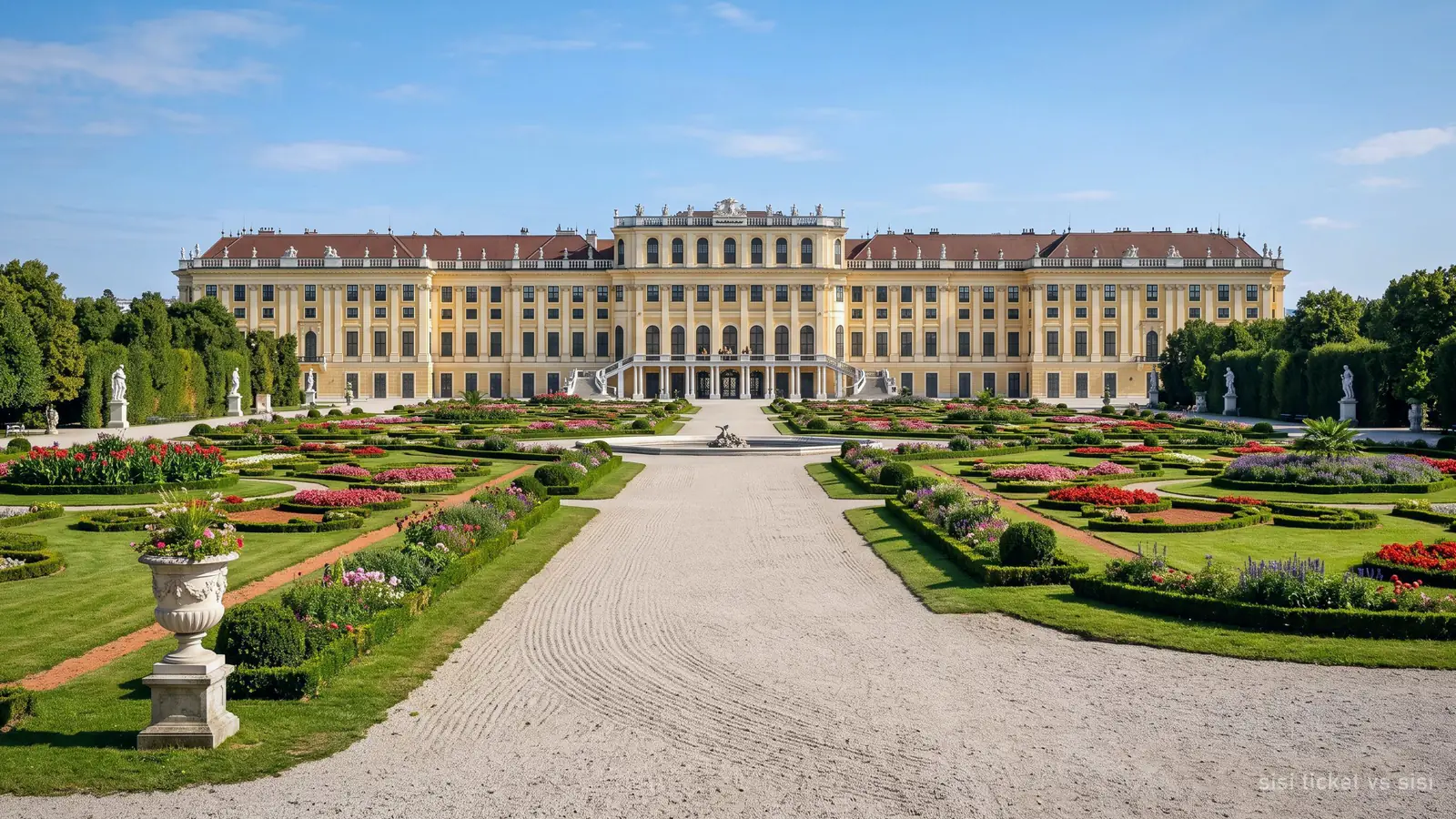 A grand baroque palace in Vienna behind formal parterre gardens in summer