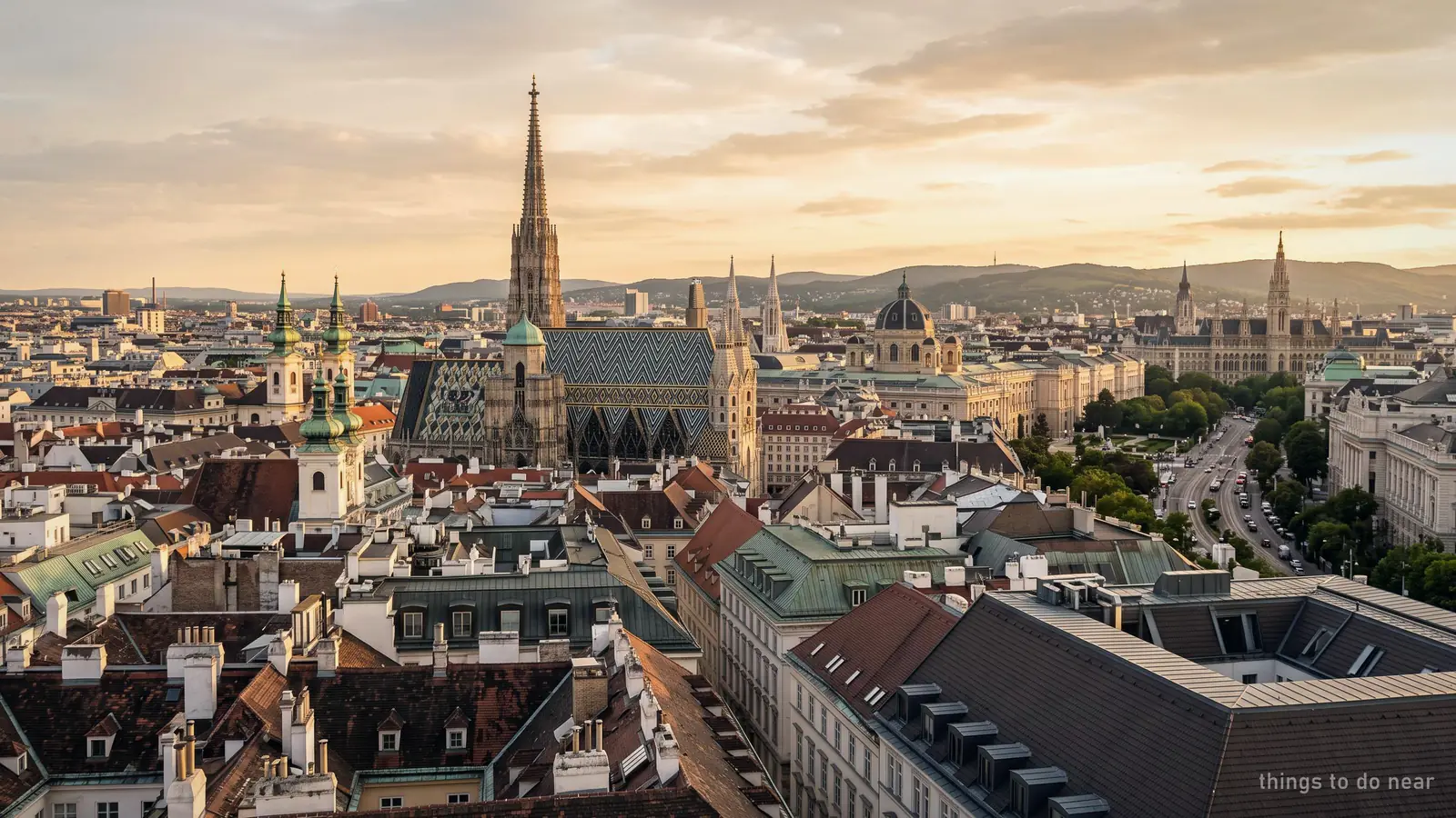 The rooftops, domes and spires of Vienna's first district at golden hour
