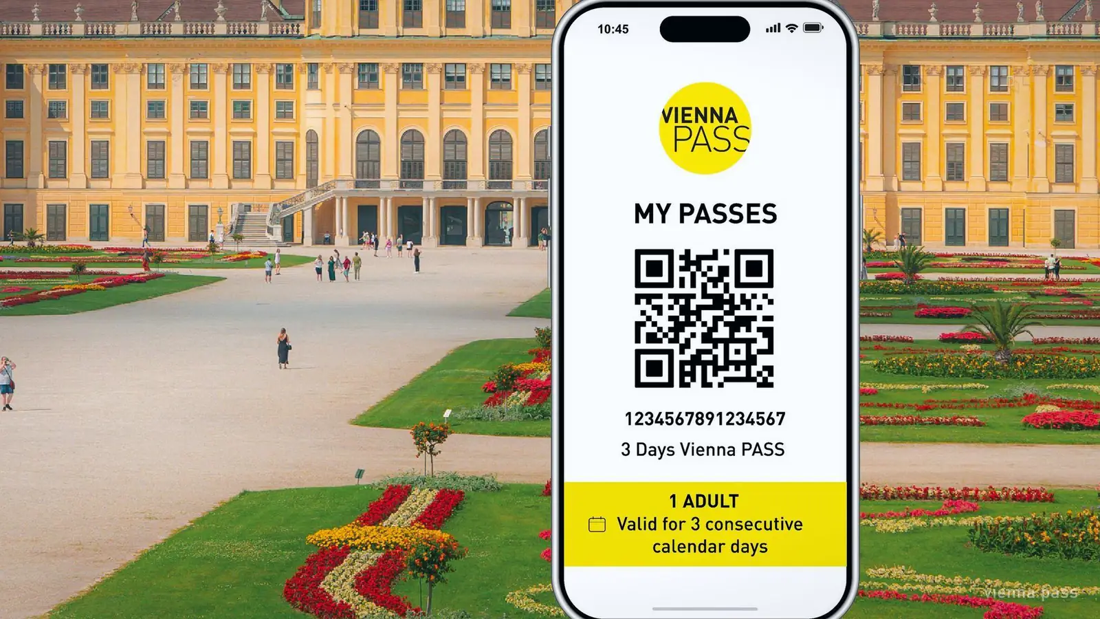 Un pass de visite affiché sur un téléphone devant le château de Schönbrunn, à Vienne (photo de l'offre de réservation)