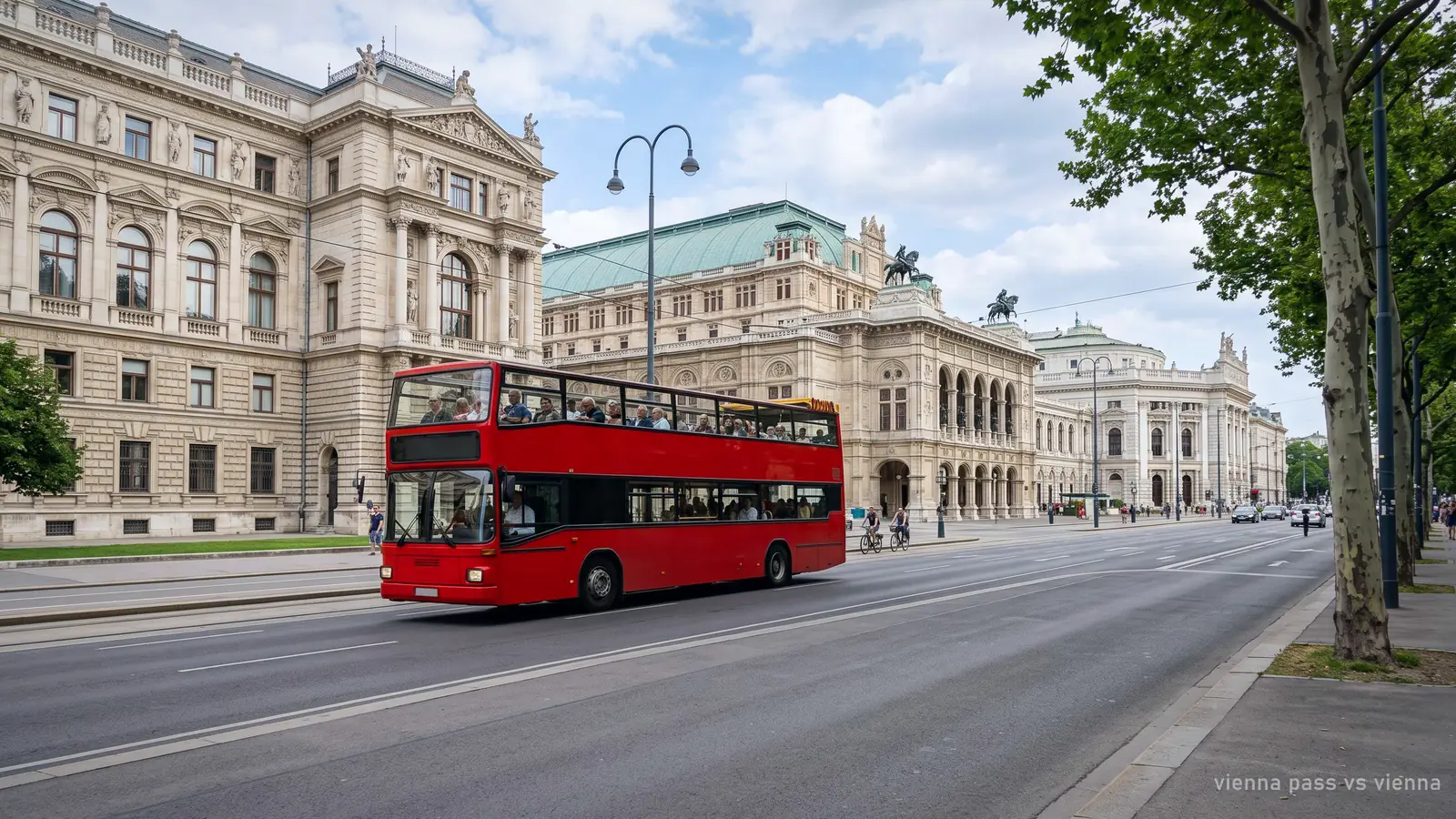 A red open-top sightseeing bus on Vienna's Ringstrasse