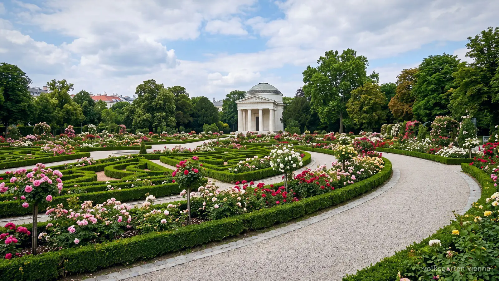 Der Rosengarten im Volksgarten in Wien mit Buchsbaumhecken und einem klassizistischen Tempel dahinter